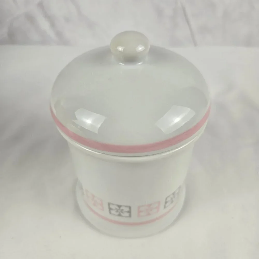 Vintage Porcelain Apothecary Jar White Pink Gray Pattern with Pink Stripe Accent
